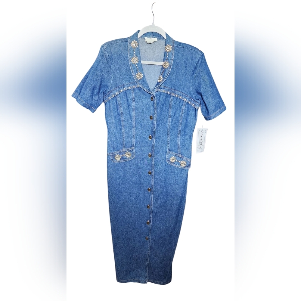 Vintage Daniels Embellished Button Up 80s Denim Dress Size Small